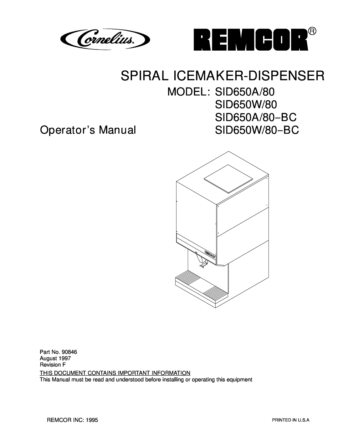 Everpure manual Spiral Icemaker-Dispenser, MODEL SID650A/80, Operator’s Manual, SID650A/80--BC, SID650W/80--BC 