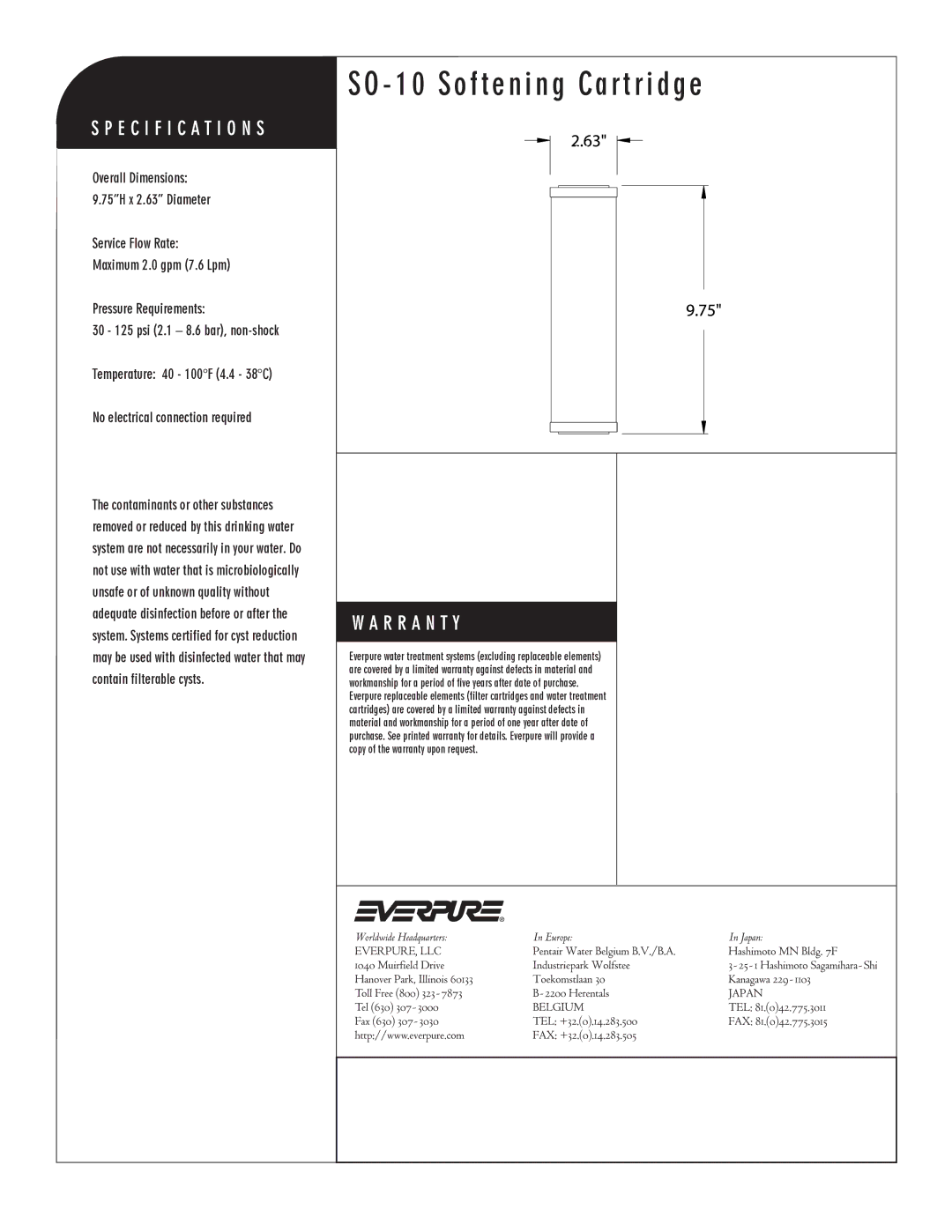 Everpure DEV9105-41 manual SO 10 Softening Cartridge, SO-10 Softening Cartridge 