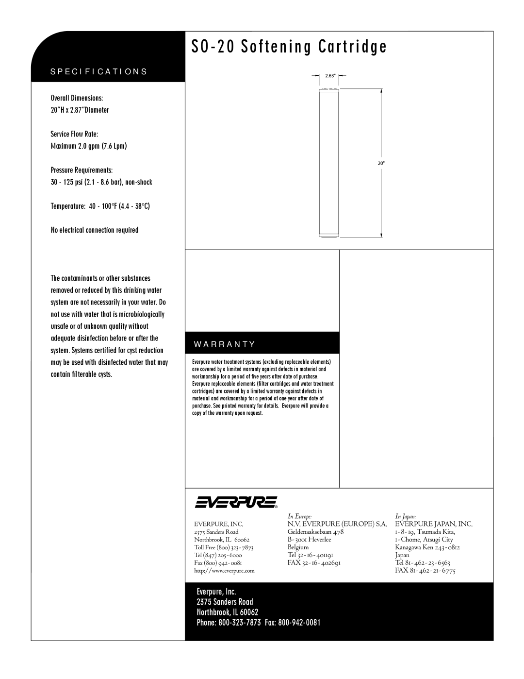 Everpure SO-20, DEV9105-42 manual Specification S, R R a N T Y 