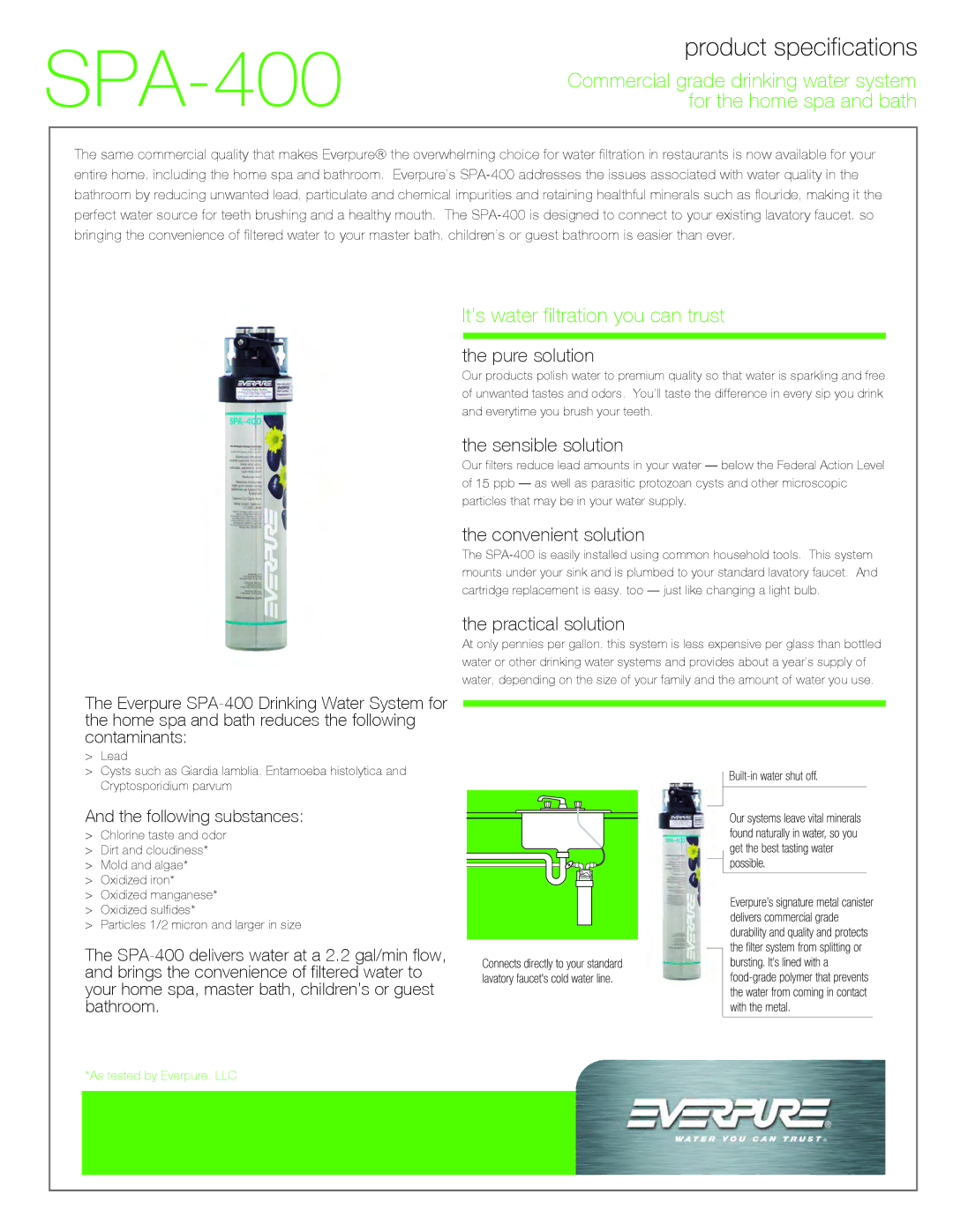 Everpure SPA-400 manual Pure solution, Sensible solution, Convenient solution, Practical solution 