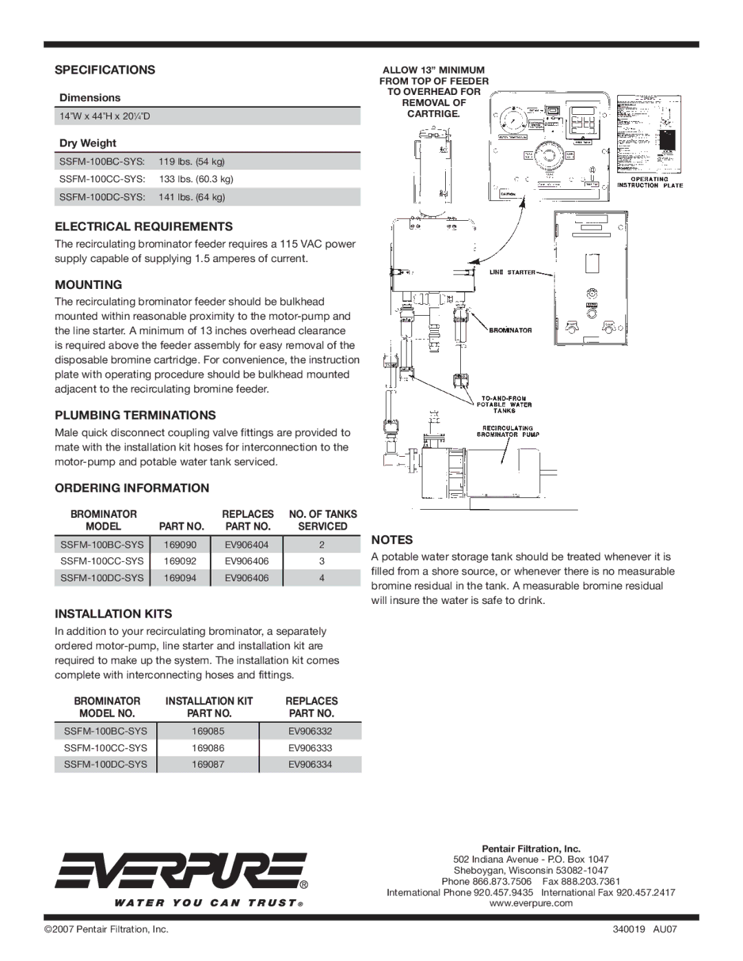 Everpure SSFM-100BC-SYS manual Electrical Requirements, Plumbing Terminations, Installation Kits 