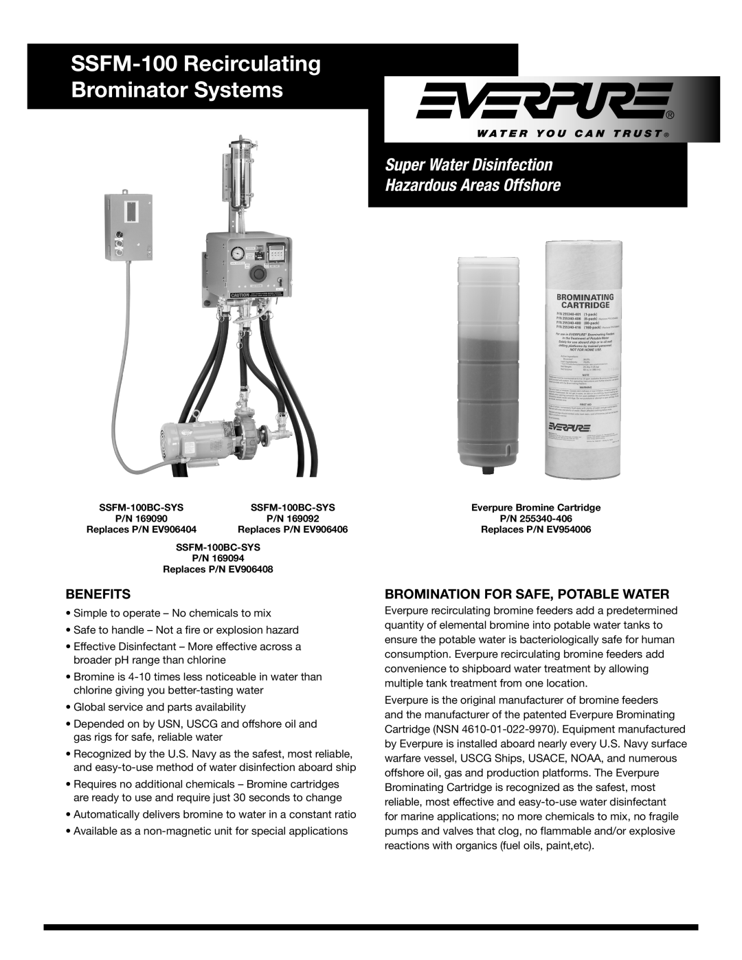 Everpure SSFM-100BC-SYS manual SSFM-100 Recirculating Brominator Systems, Benefits, Bromination For Safe, Potable Water 