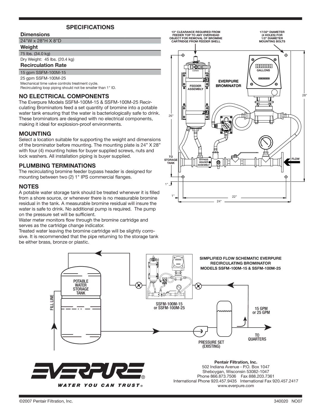 Everpure SSFM-100M-15, SSFM-100M-25 manual Specifications, No Electrical Components, Mounting, Plumbing Terminations 