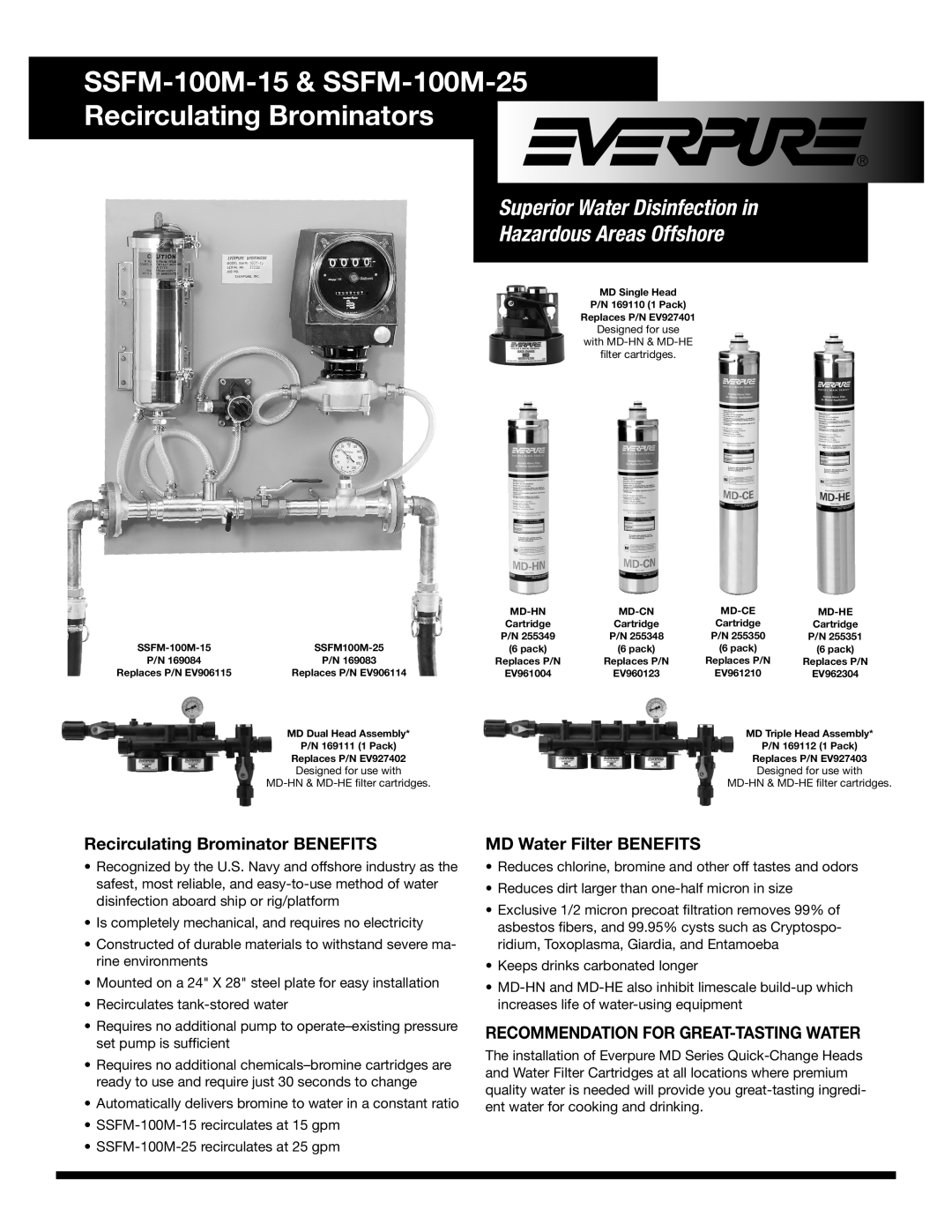 Everpure SSFM-100M-25, SSFM-100M-15 manual Recirculating Brominator BENEFITS, MD Water Filter BENEFITS 