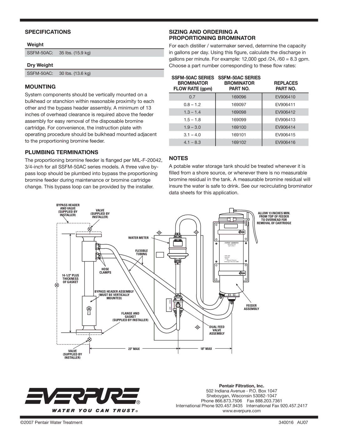 Everpure SSFM-50AC Series manual Sizing and Ordering a Proportioning Brominator, Plumbing Terminations 