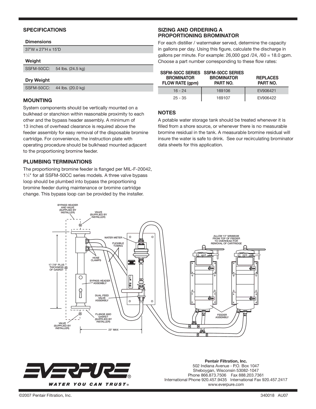 Everpure SSFM-50CC manual Specifications, Mounting, Sizing and Ordering a Proportioning Brominator, Plumbing Terminations 