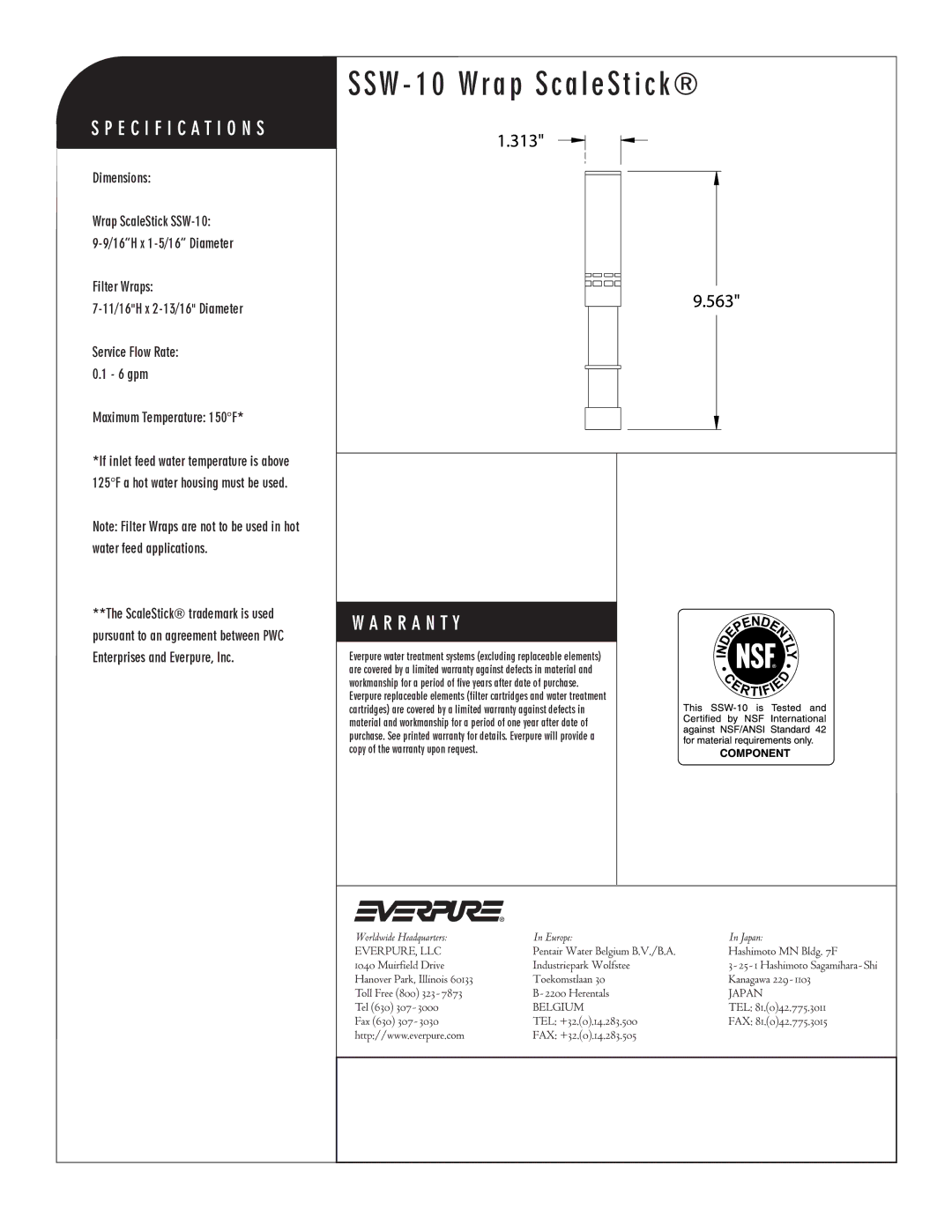 Everpure SSW-10, EV9799-06 manual SSW 10 Wrap ScaleStick, Maximum Temperature 150F 