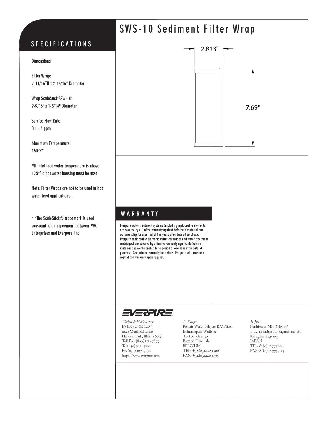 Everpure EV9799-05, SWS-10, EV9799-04 manual SWS 10 Sediment Filter Wrap 