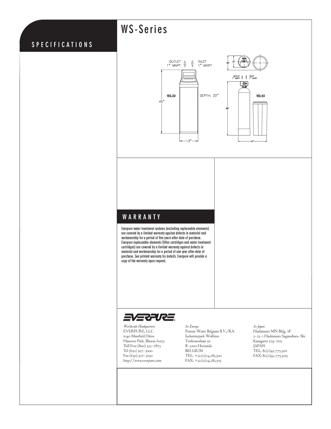 Everpure WS-45, WS-30, WS-Series, EV9980-10 manual S e r i e s 