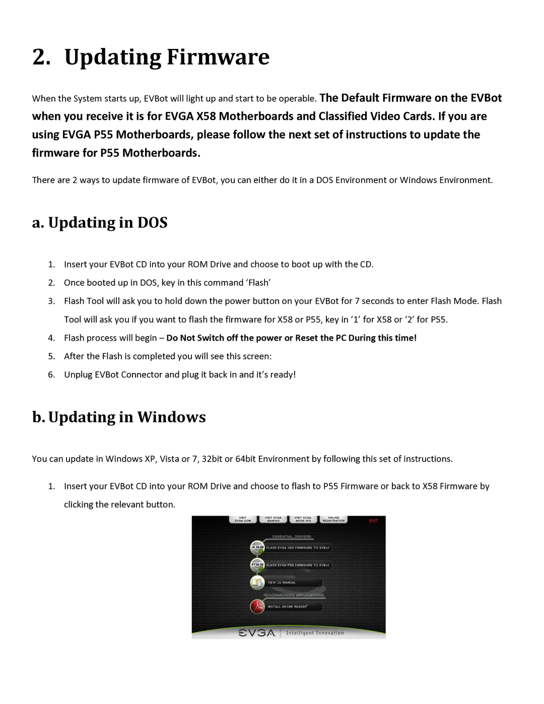 EVGA 100-EV-EB01 manual Updating in DOS, Updating in Windows 