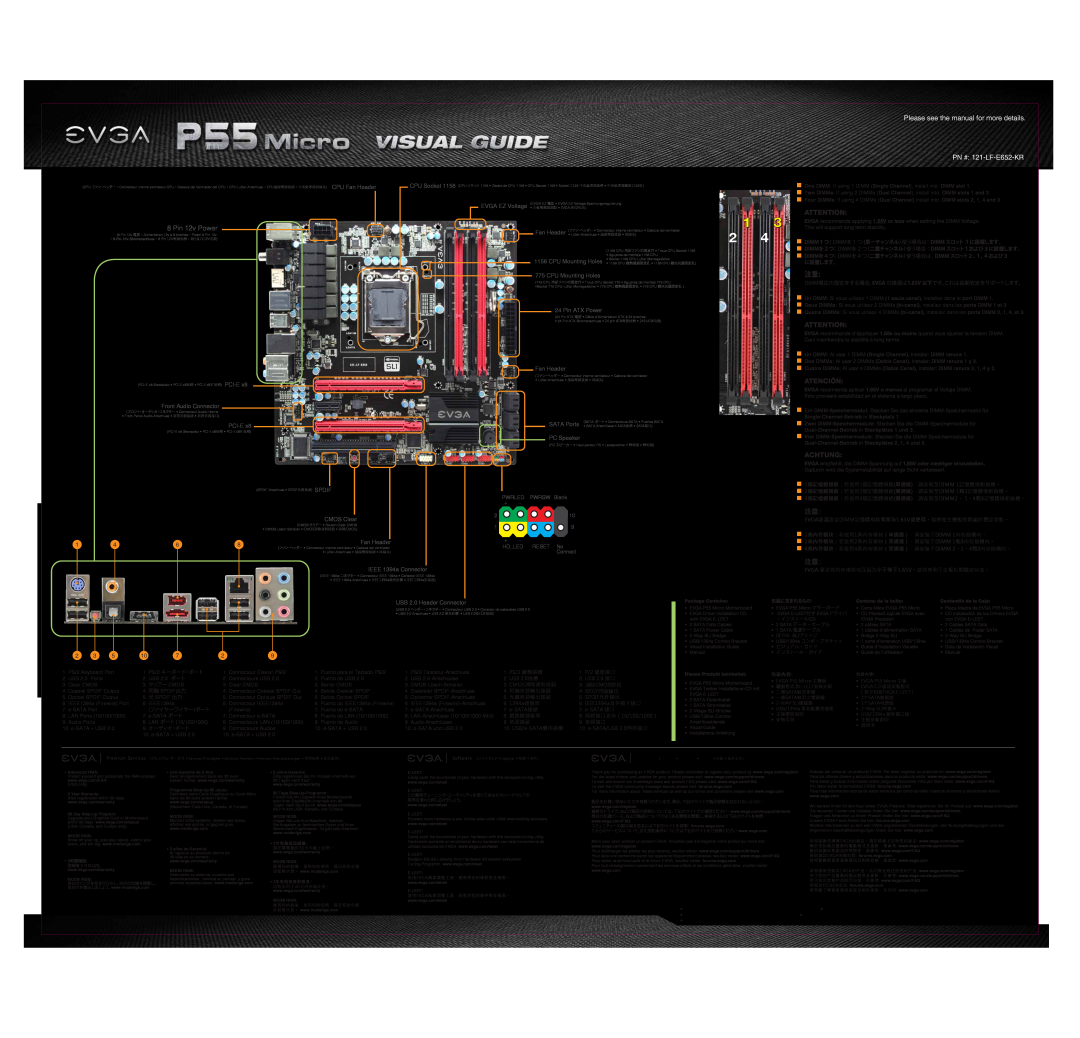 EVGA Please see the manual for more details PN # 121-LF-E652-KR, Pin 12v Power, Atención, Achtung 