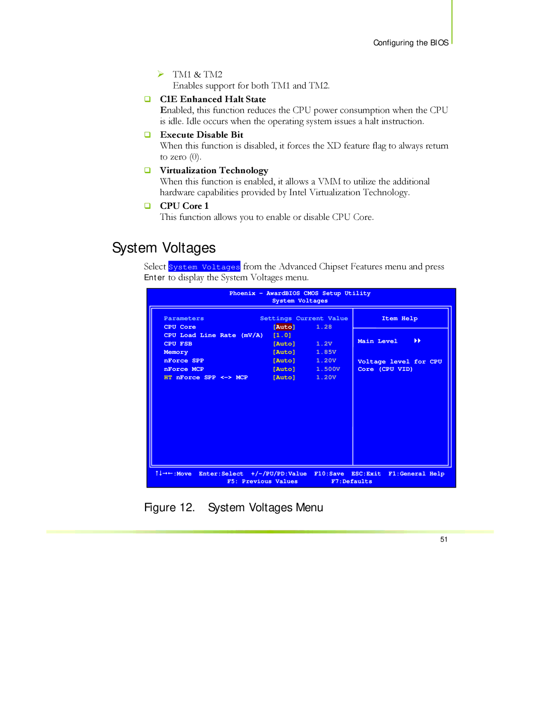 EVGA 122-CK-NF68-XX manual System Voltages, ‰ C1E Enhanced Halt State, ‰ Execute Disable Bit, ‰ Virtualization Technology 