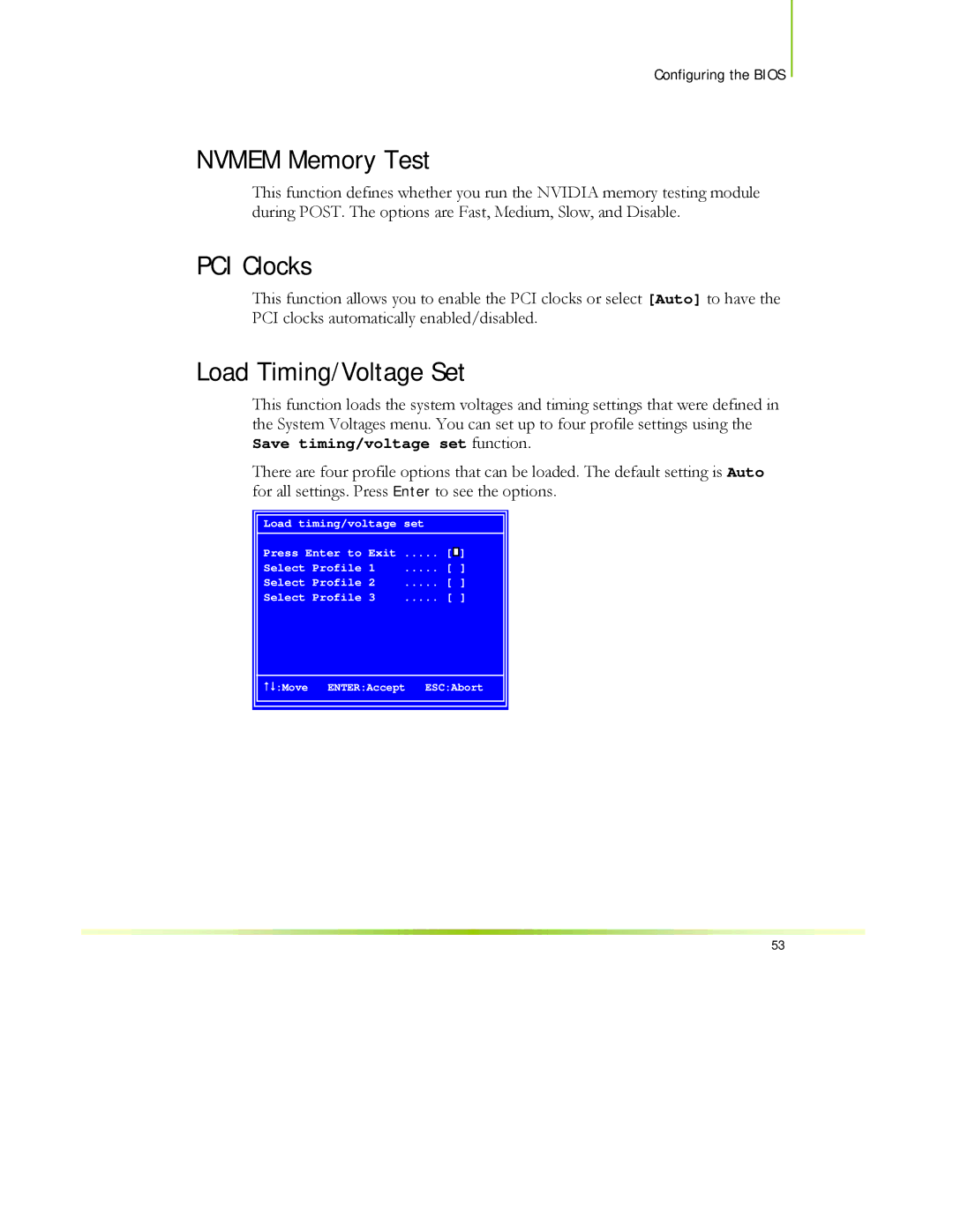 EVGA 122-CK-NF68-XX manual Nvmem Memory Test, PCI Clocks, Load Timing/Voltage Set 