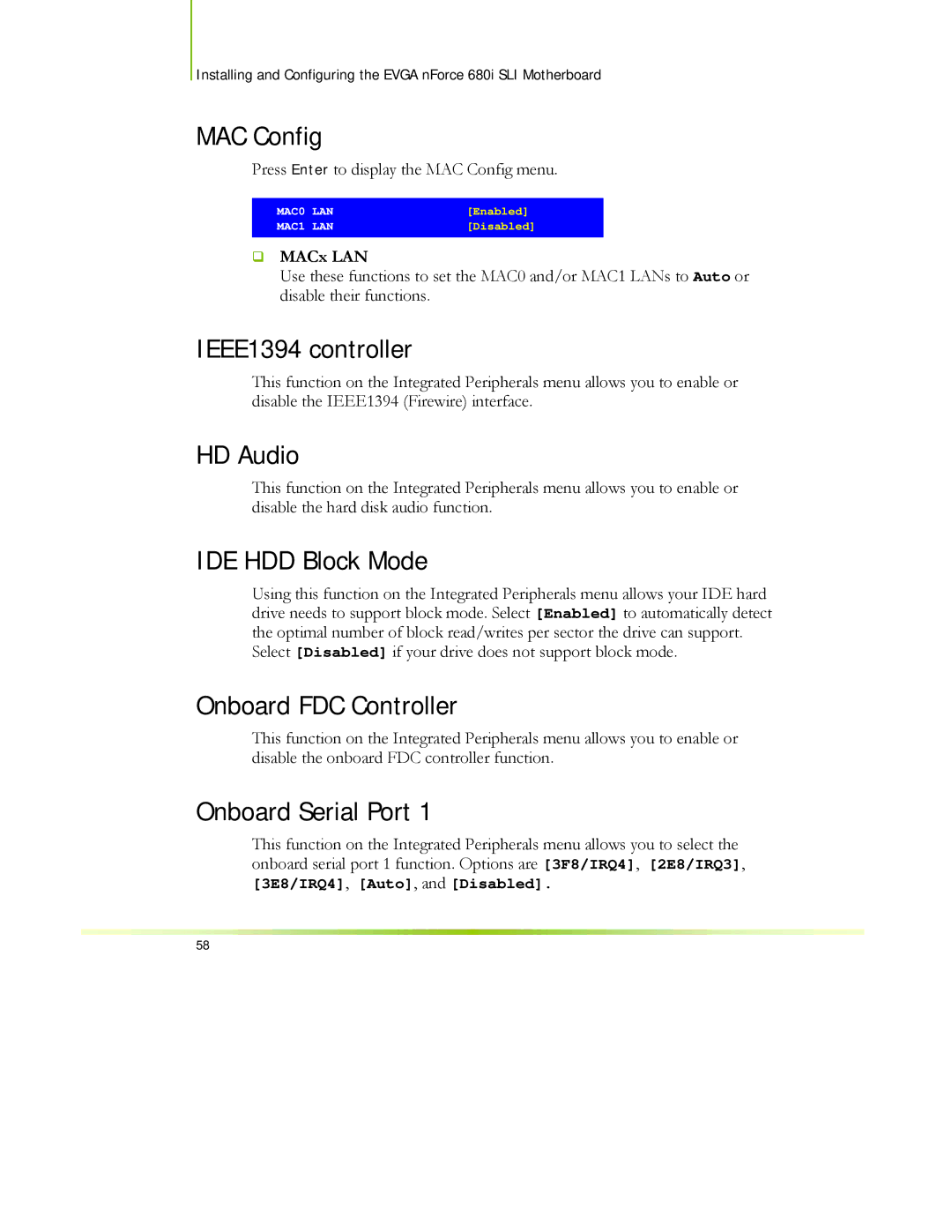 EVGA 122-CK-NF68-XX manual MAC Config, IEEE1394 controller, HD Audio, IDE HDD Block Mode, Onboard FDC Controller 