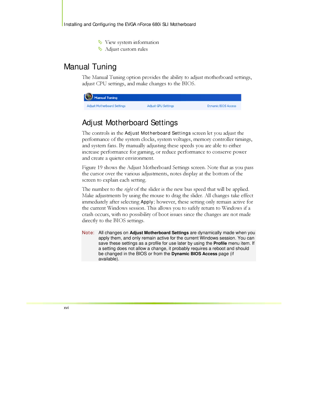 EVGA 122-CK-NF68-XX manual Manual Tuning, Adjust Motherboard Settings 