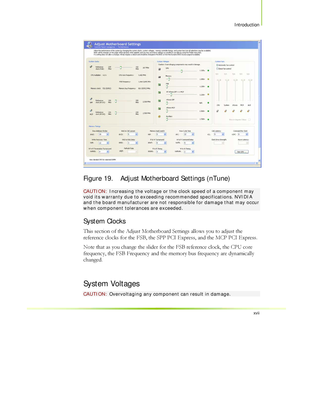 EVGA 122-CK-NF68-XX manual System Voltages, Adjust Motherboard Settings nTune System Clocks 