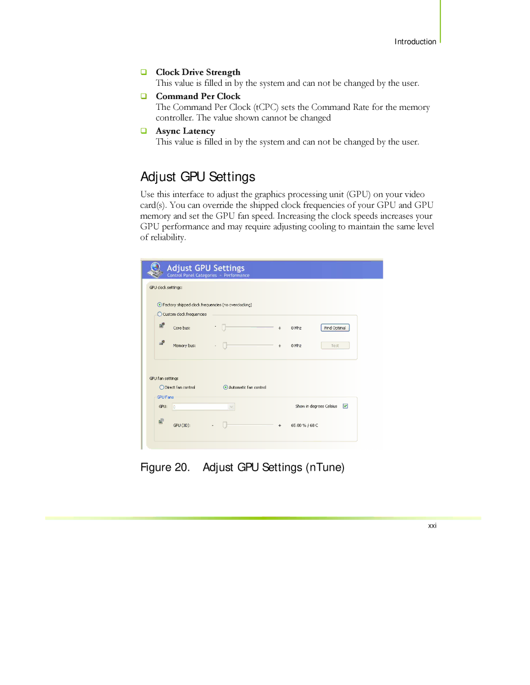 EVGA 122-CK-NF68-XX manual Adjust GPU Settings, ‰ Clock Drive Strength, ‰ Command Per Clock, ‰ Async Latency 