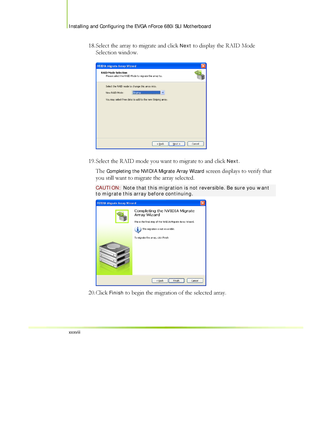 EVGA 122-CK-NF68-XX manual Click Finish to begin the migration of the selected array 