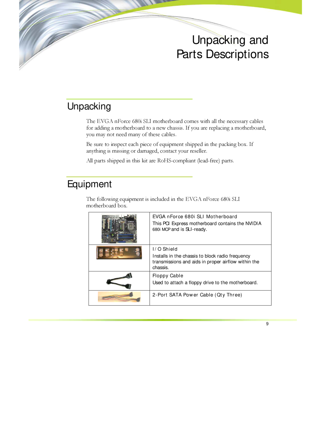 EVGA 122-CK-NF68-XX manual Unpacking, Equipment 