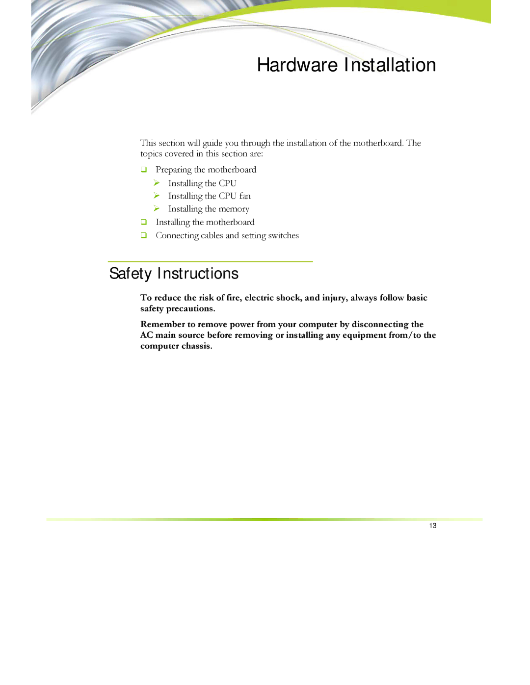 EVGA 122-CK-NF68-XX manual Hardware Installation, Safety Instructions 