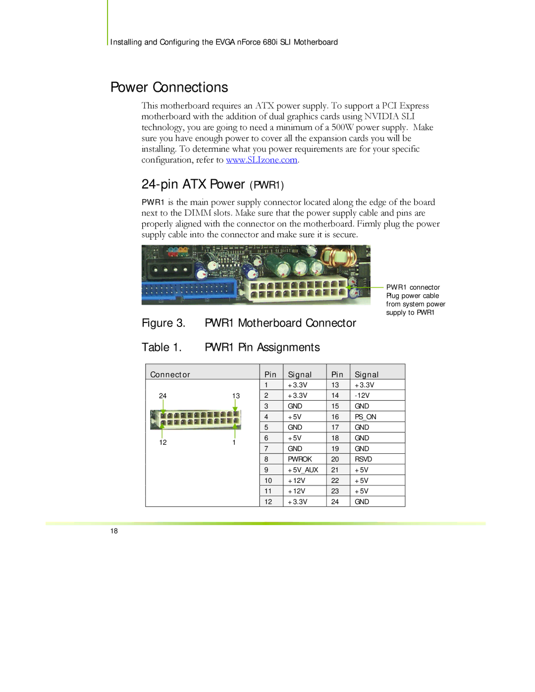 EVGA 122-CK-NF68-XX manual Power Connections, Pin ATX Power PWR1 