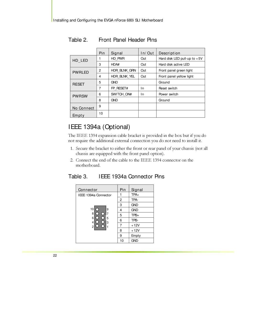 EVGA 122-CK-NF68-XX manual Ieee 1394a Optional, Front Panel Header Pins 