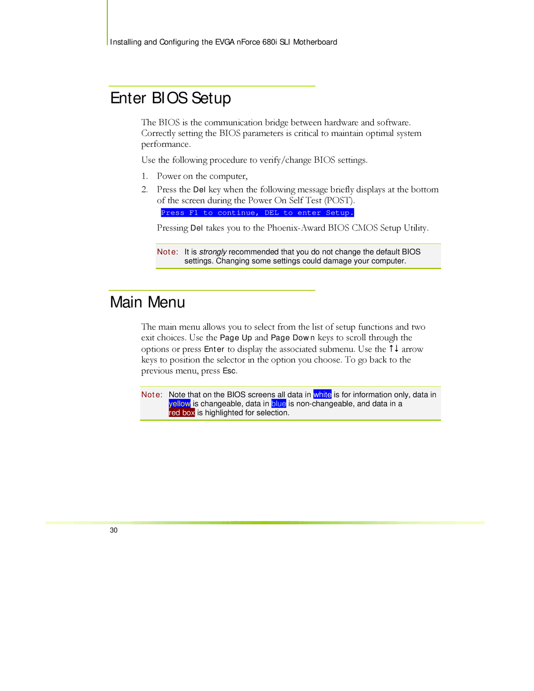 EVGA 122-CK-NF68-XX manual Enter Bios Setup, Main Menu 