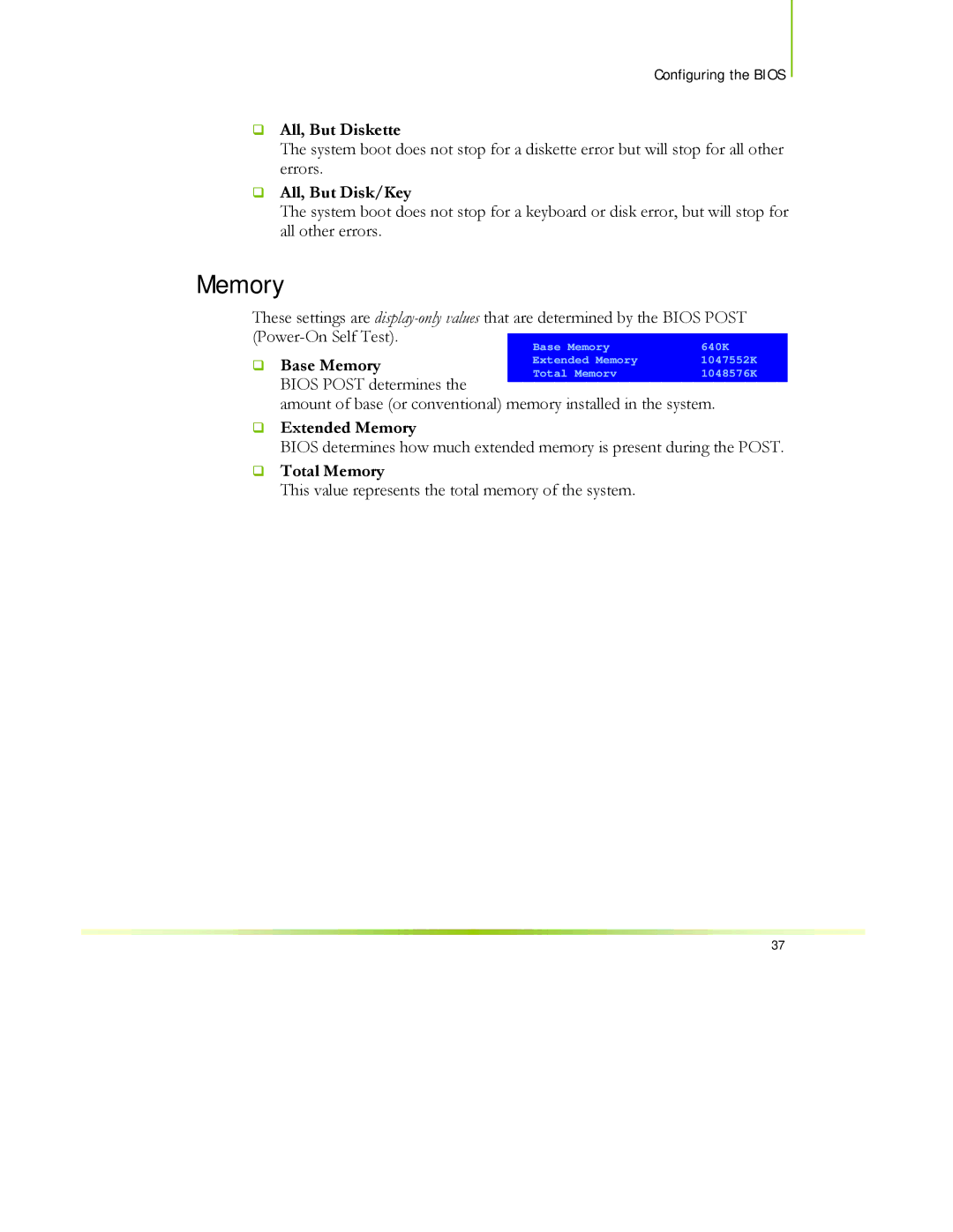 EVGA 122-CK-NF68-XX manual ‰ All, But Diskette, ‰ All, But Disk/Key, ‰ Extended Memory, ‰ Total Memory 