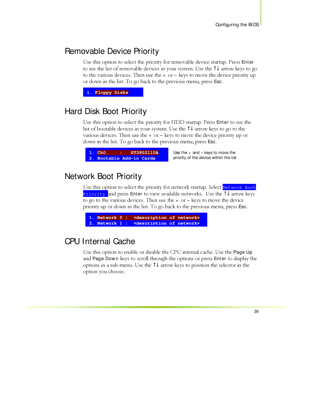 EVGA 122-CK-NF68-XX manual Removable Device Priority, Hard Disk Boot Priority, Network Boot Priority, CPU Internal Cache 