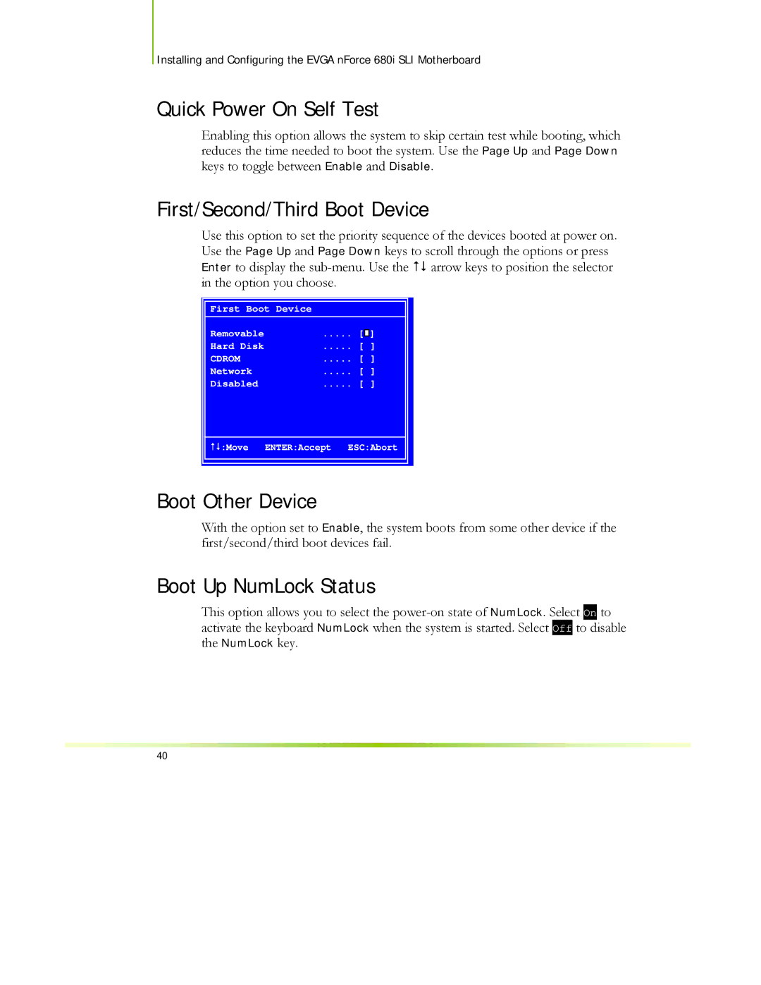 EVGA 122-CK-NF68-XX Quick Power On Self Test, First/Second/Third Boot Device, Boot Other Device, Boot Up NumLock Status 