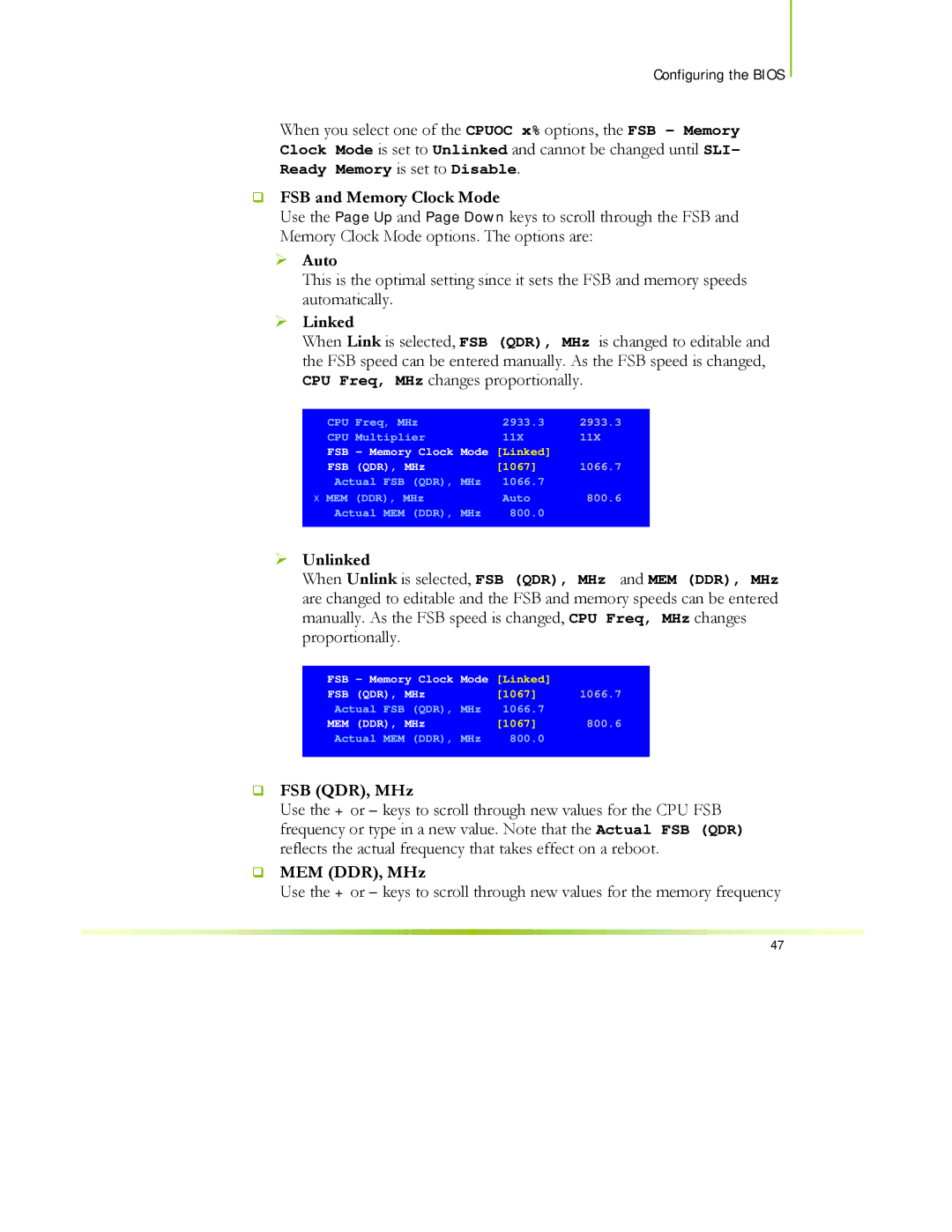 EVGA 122-CK-NF68-XX manual ‰ FSB and Memory Clock Mode, ¾ Linked, ¾ Unlinked, ‰ FSB QDR, MHz, ‰ MEM DDR, MHz 