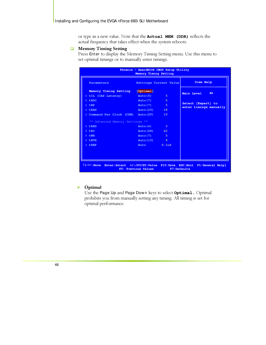 EVGA 122-CK-NF68-XX manual ‰ Memory Timing Setting, ¾ Optimal 