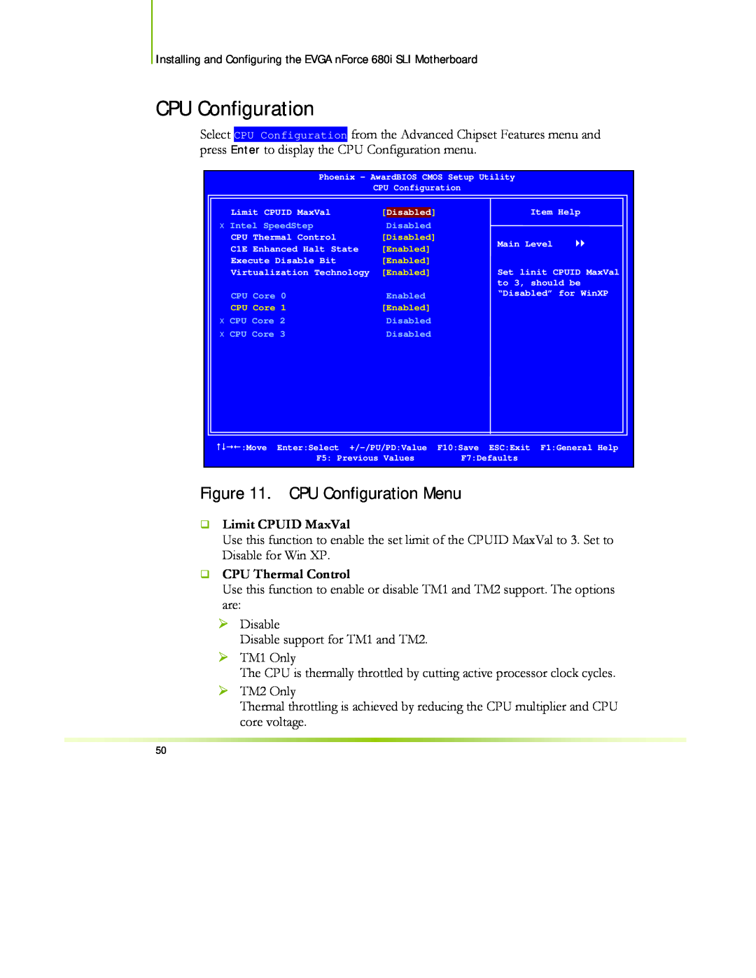 EVGA 122-CK-NF68-XX manual CPU Configuration Menu, ‰ Limit CPUID MaxVal, ‰ CPU Thermal Control 