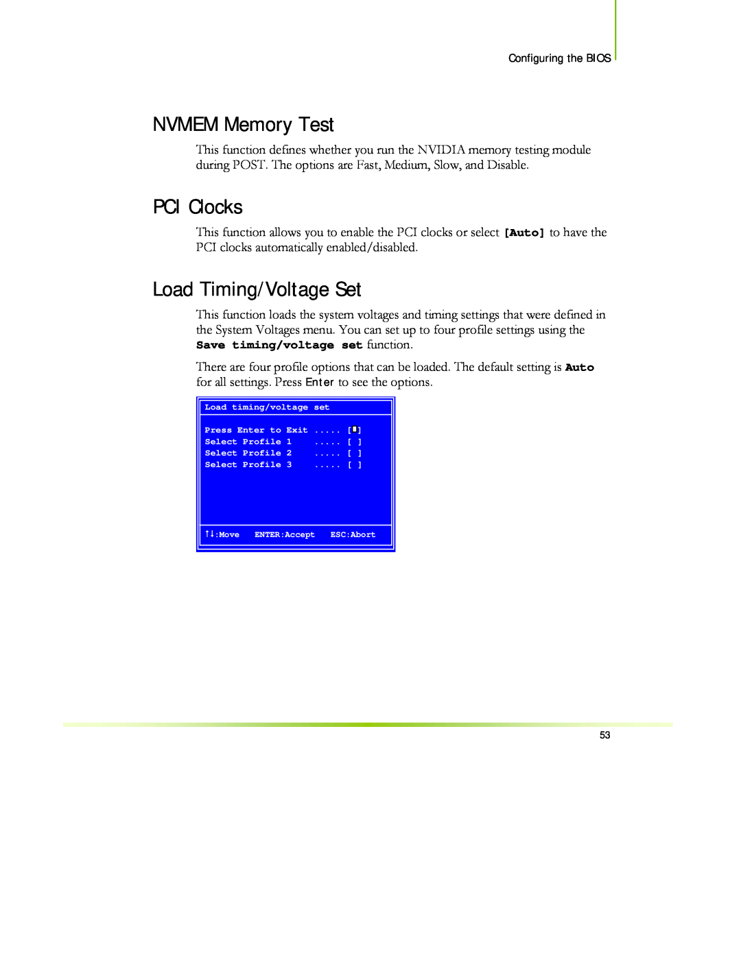 EVGA 122-CK-NF68-XX manual NVMEM Memory Test, PCI Clocks, Load Timing/Voltage Set 