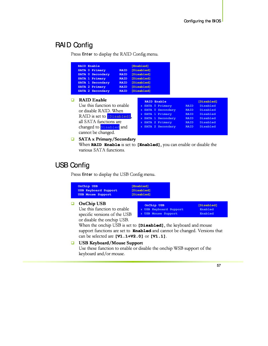 EVGA 122-CK-NF68-XX manual RAID Config, USB Config, ‰ RAID Enable, ‰ SATA x Primary/Secondary, OnChip USB 