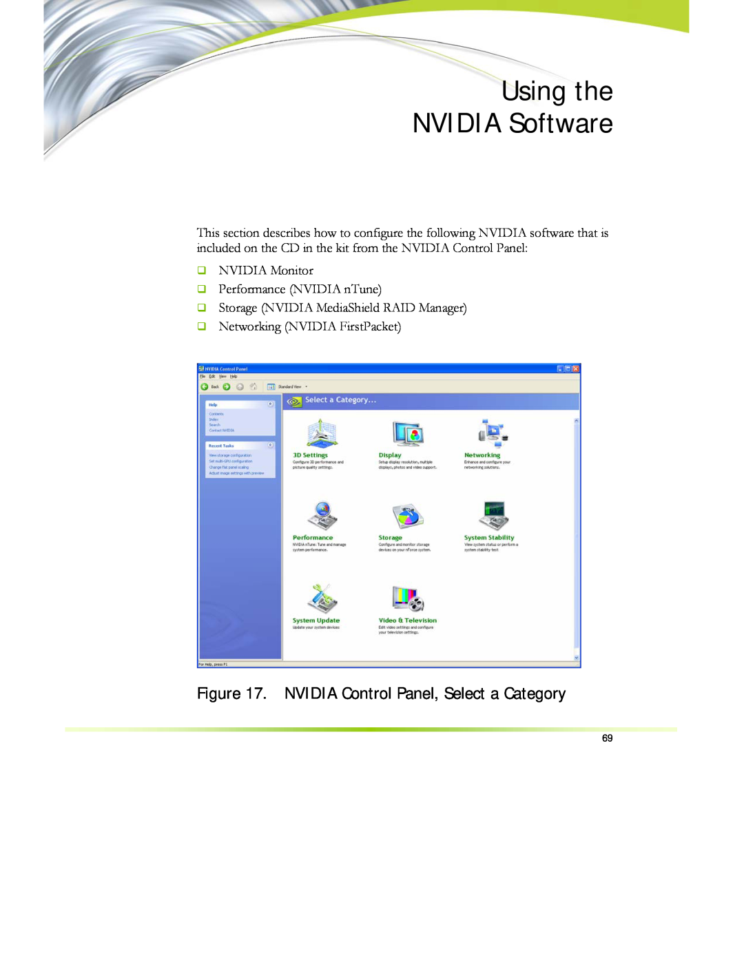 EVGA 122-CK-NF68-XX manual Using the NVIDIA Software, NVIDIA Control Panel, Select a Category 