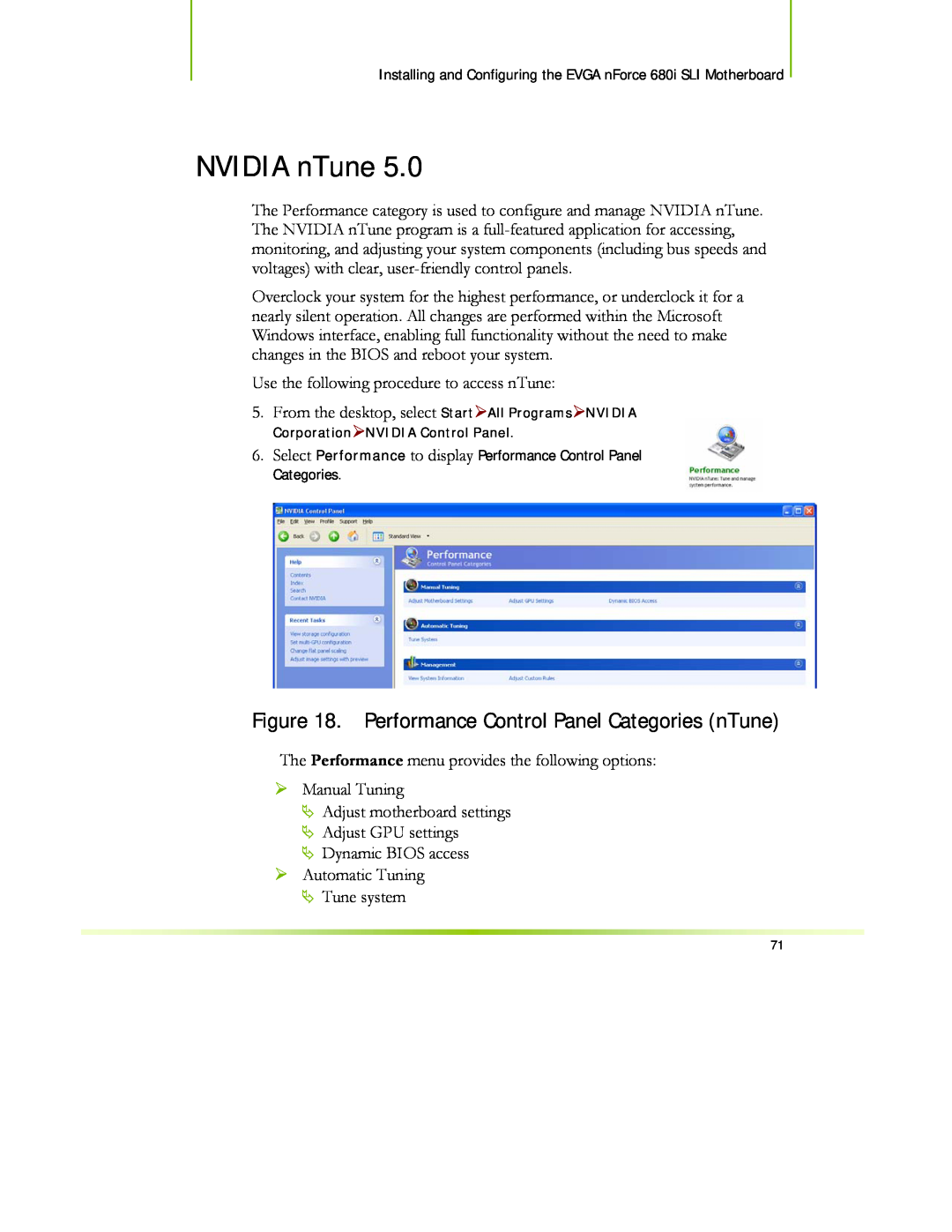 EVGA 122-CK-NF68-XX manual NVIDIA nTune, Performance Control Panel Categories nTune 
