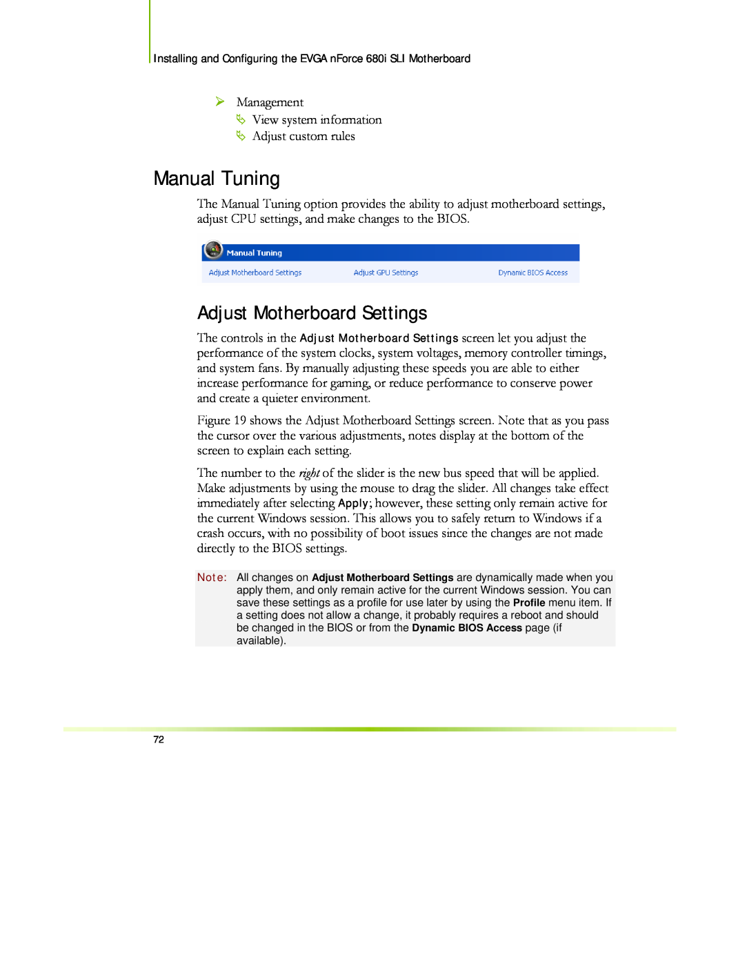 EVGA 122-CK-NF68-XX manual Manual Tuning, Adjust Motherboard Settings 