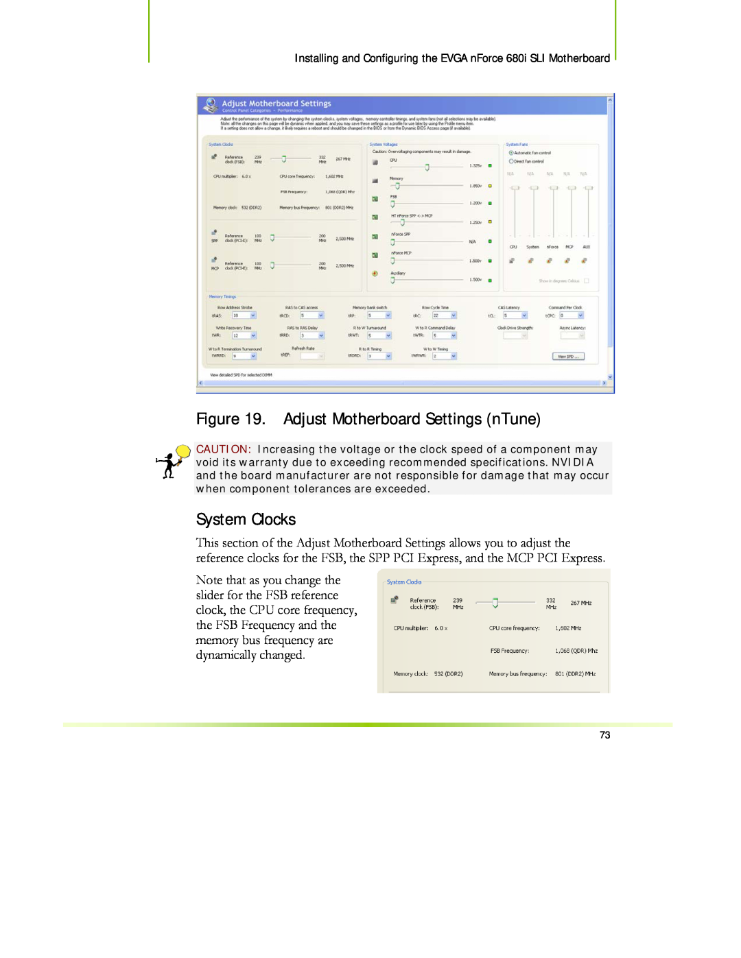 EVGA 122-CK-NF68-XX manual Adjust Motherboard Settings nTune, System Clocks 