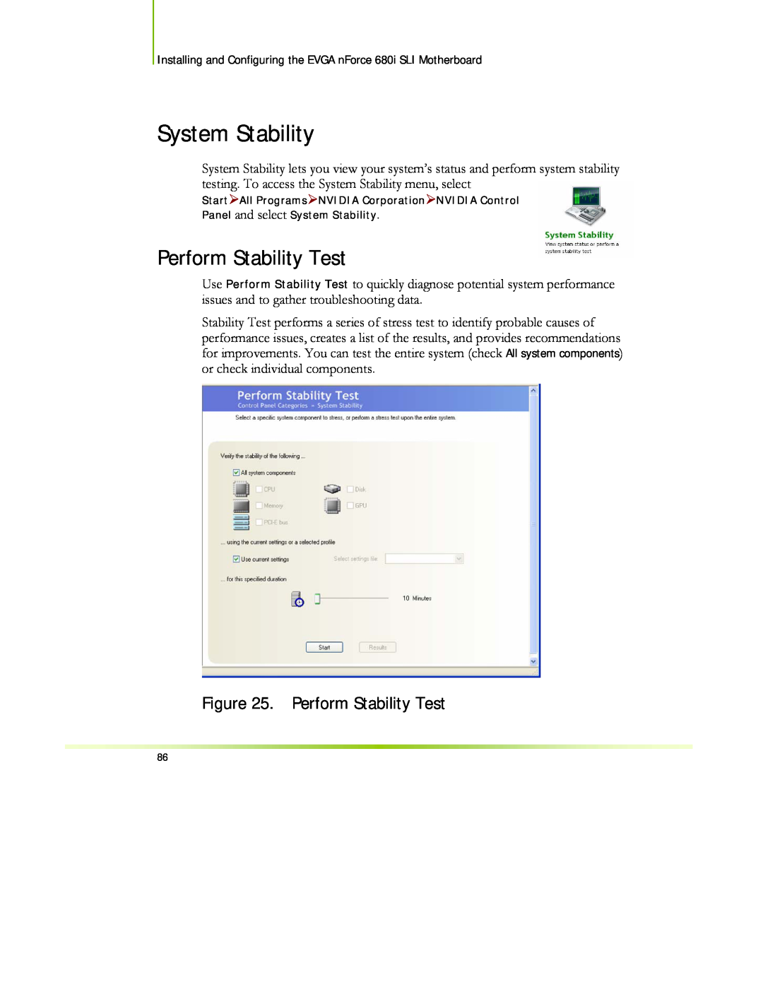 EVGA 122-CK-NF68-XX manual System Stability, Perform Stability Test, Start¾All Programs¾NVIDIA Corporation¾NVIDIA Control 