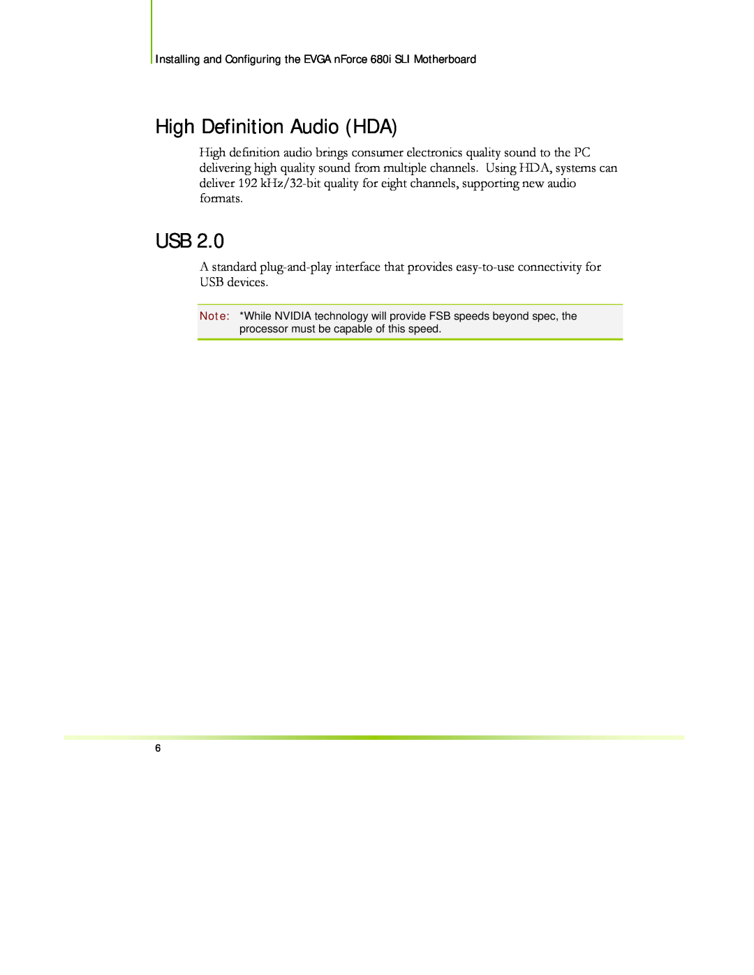 EVGA 122-CK-NF68-XX manual High Definition Audio HDA 