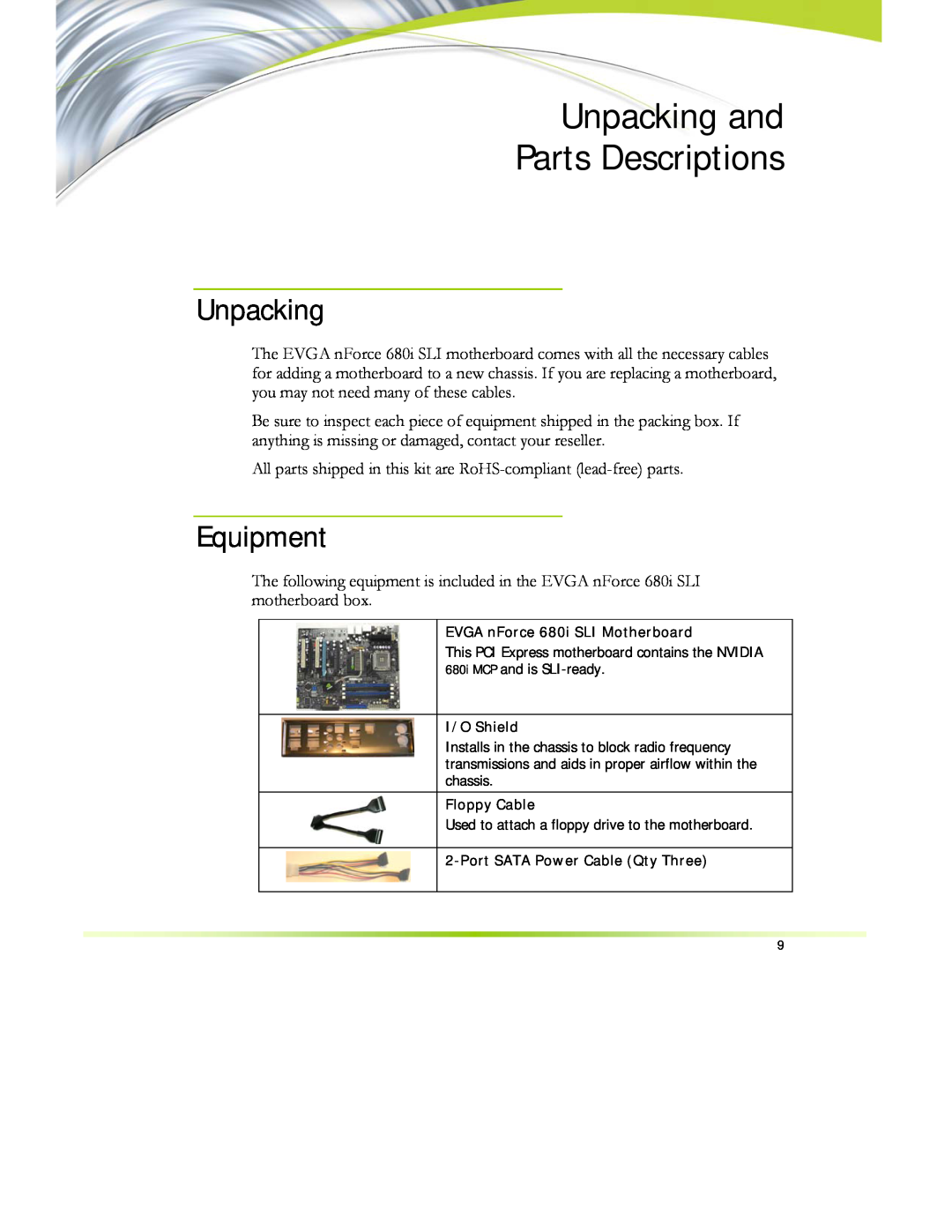 EVGA 122-CK-NF68-XX manual Unpacking and Parts Descriptions, Equipment 