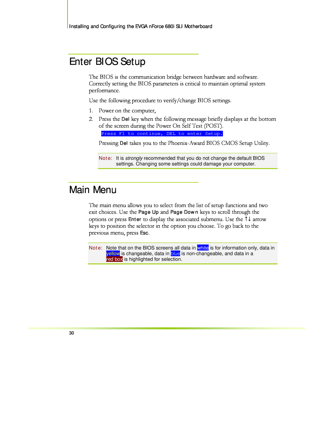 EVGA 122-CK-NF68-XX manual Enter BIOS Setup, Main Menu 