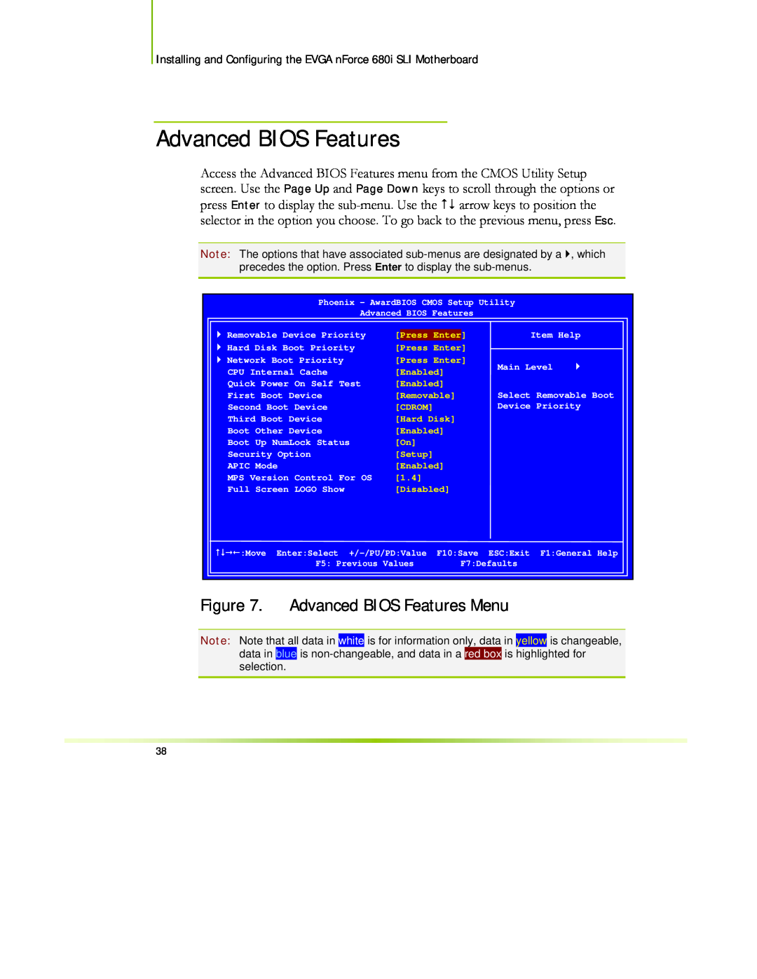 EVGA 122-CK-NF68-XX manual Advanced BIOS Features Menu 