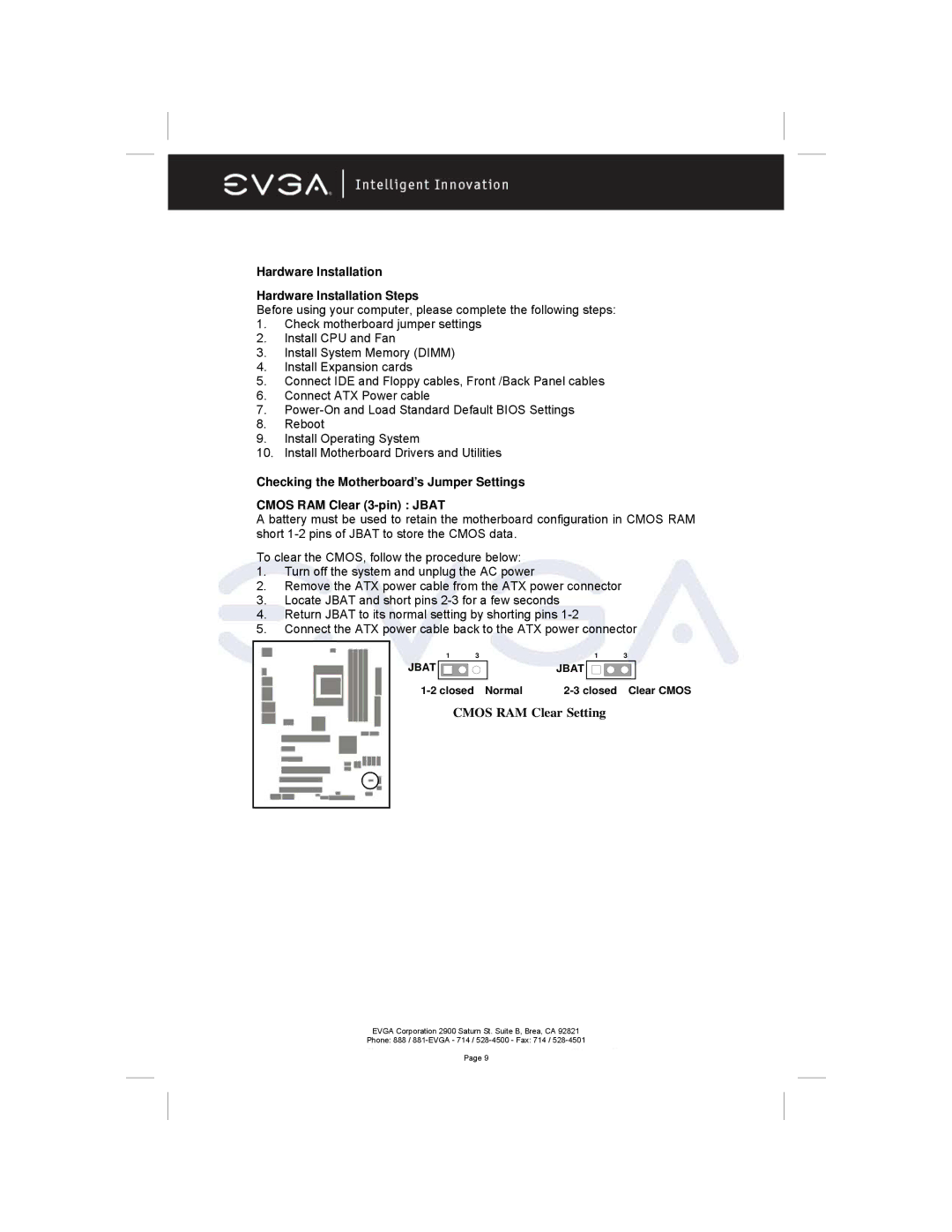 EVGA 122-M2-NF59-AX manual Hardware Installation Hardware Installation Steps, Cmos RAM Clear Setting 