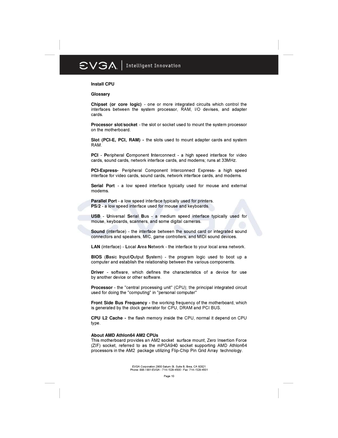 EVGA 122-M2-NF59-AX manual Install CPU Glossary, About AMD Athlon64 AM2 CPUs 