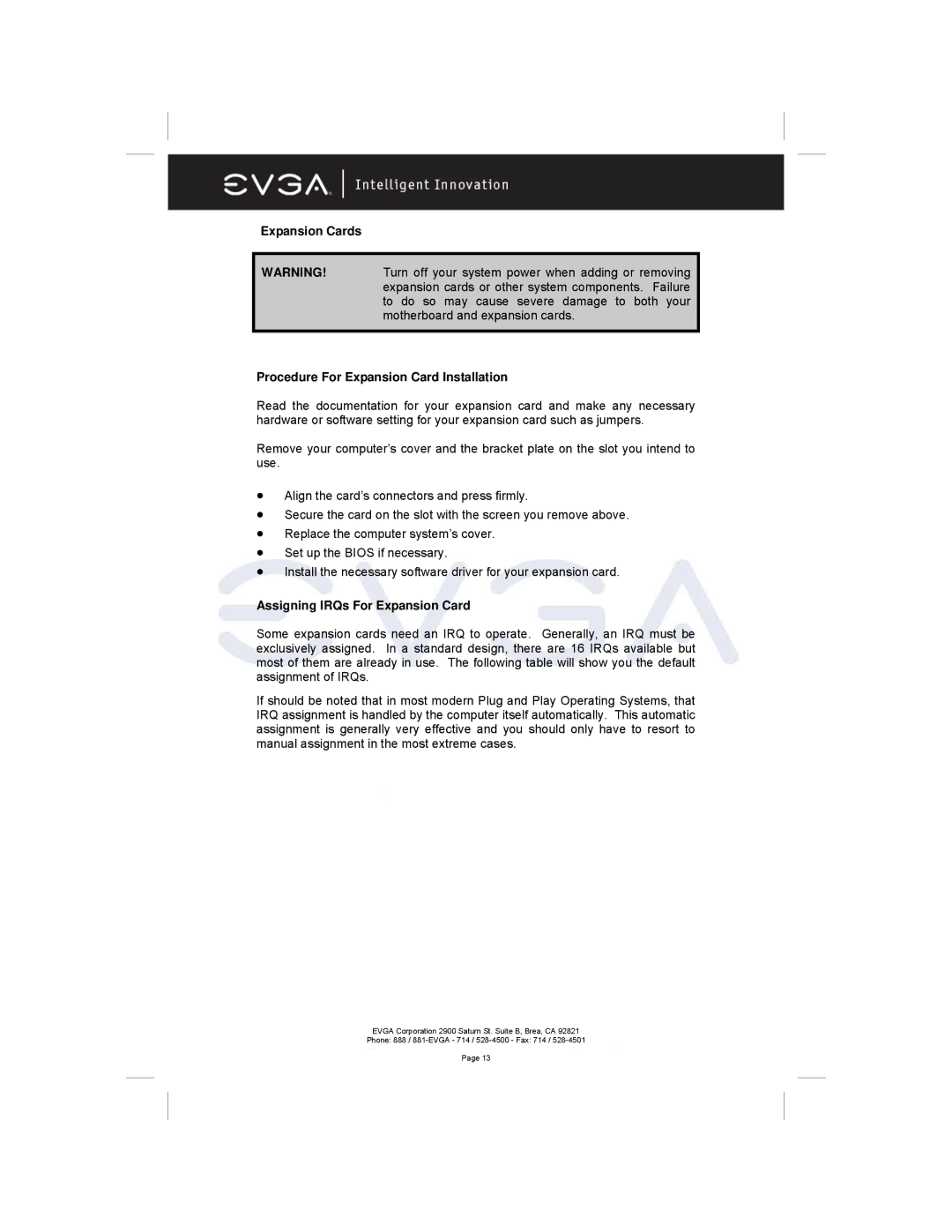 EVGA 122-M2-NF59-AX manual Expansion Cards Procedure For Expansion Card Installation, Assigning IRQs For Expansion Card 