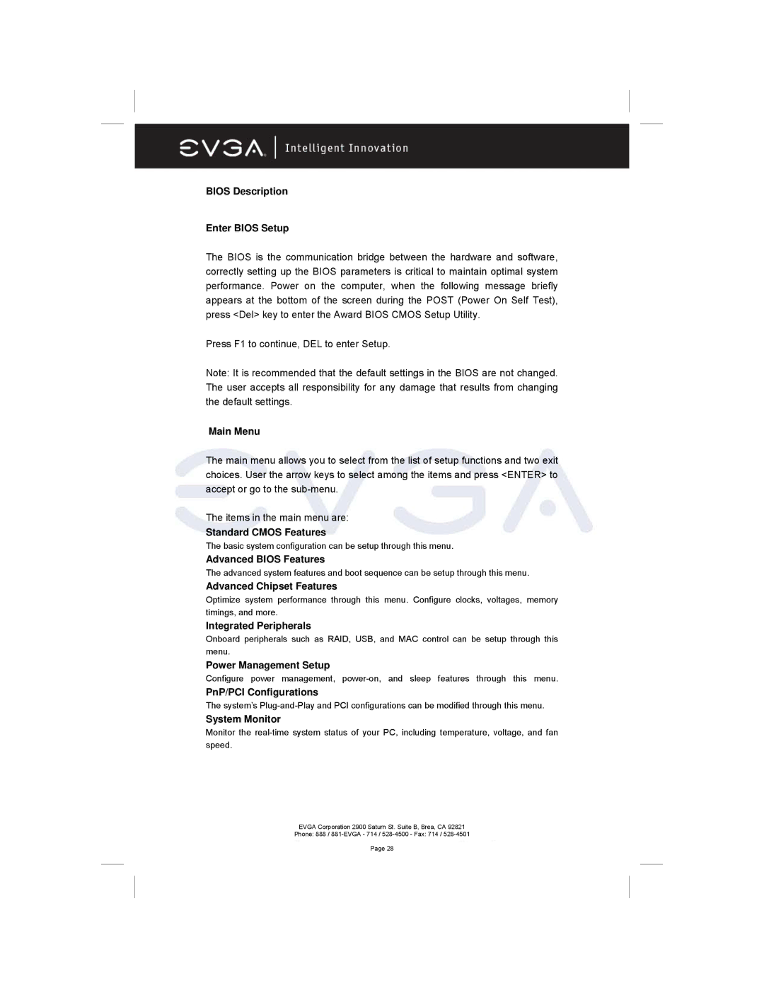 EVGA 122-M2-NF59-AX manual Bios Description Enter Bios Setup, Main Menu, Standard Cmos Features, Advanced Bios Features 