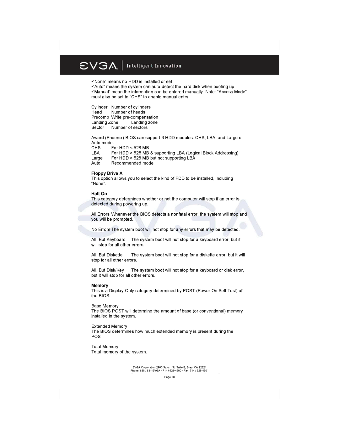 EVGA 122-M2-NF59-AX manual Floppy Drive a, Halt On, Memory 