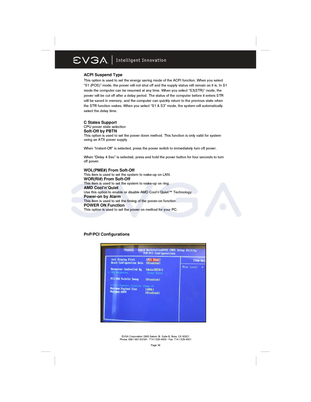 EVGA 122-M2-NF59-AX manual Acpi Suspend Type, States Support, Soft-Off by Pbtn, WOLPME# From Soft-Off, WORRI# From Soft-Off 